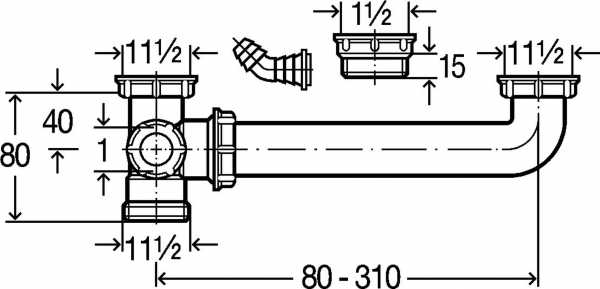 Viega Ablaufverbindung für Doppelspüle 80-310mm G11/2" x G11/2" Kunststoff, Abmessungen
