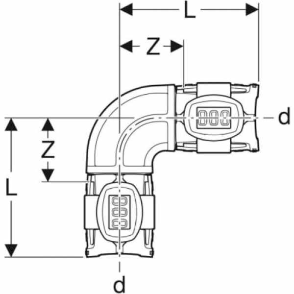 Zeichnung von Geberit FlowFit Bogen 90 grad