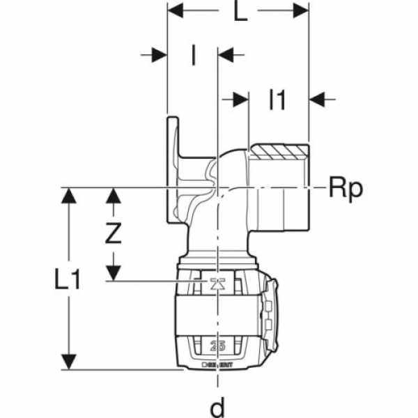 Zeichnung von Geberit FlowFit Anschlusswinkel 90°