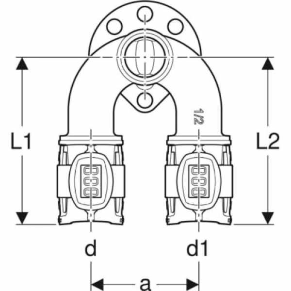zeichnung von Geberit FlowFit Doppelanschlusswinkel 90°