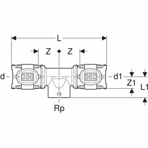 zeichnung von Geberit FlowFit T-Stück mit Innengewinde