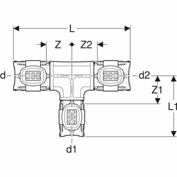 zeichnung von Geberit FlowFit T-Stück reduziert