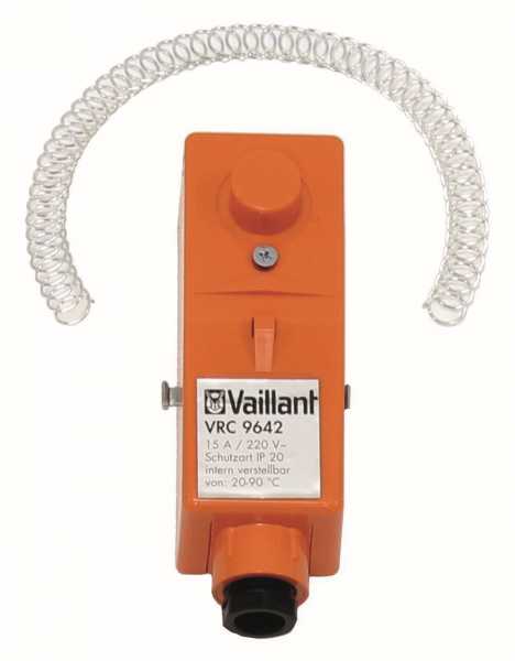 Vaillant VRC 9642 Anlegethermostat mit Umschaltkontakt und Spannbandbefestigung. Einstellbereich + 10 bis + 90 C°, Kontaktbelastung 230 V, Schaltdifferenz (statisch) 5 K.