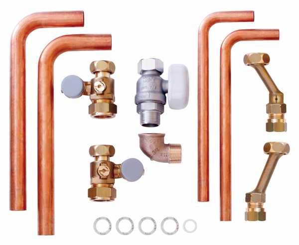 Vaillant VCW-Installations-Set Neu Installation Auf-/Unterputz, Rohre kürzbar, Heizungsseitige Verrohrung (22 x 1,5 mm), Wartungshähne mit Verschraubung G 3/4", kalt- und warmwasserseitige Verrohrung (15 x 1,0 mm),  Kaltwasserabsperrung G 1/2", sowie Gash