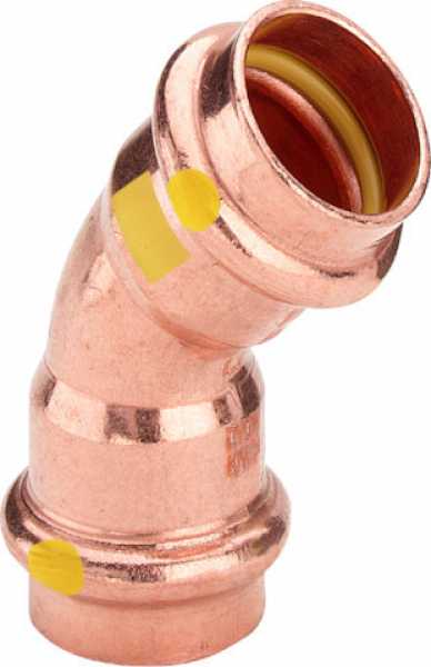 Der Viega PROFIPRESS G-Bogen 45° ist ein robuster und zuverlässiger Bogen für Gasinstallationen, der durch seine Pressverbindungstechnik überzeugt. Gefertigt aus hochwertigem Kupfer, bietet er ausgezeichnete Korrosionsbeständigkeit und eine lange Lebensda