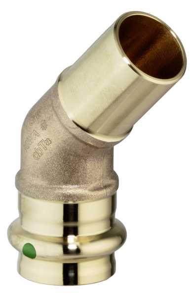 Der Viega SANPRESS Bogen 45° mit SC-Contur und 1 Muffe aus Rotguss und Siliziumbronze ermöglicht eine sichere Rohrverbindung bei 45°-Winkeländerungen. Ideal für Trinkwasser-, Heizungs- und Industrieanlagen mit zuverlässiger Dichtheitsprüfung.