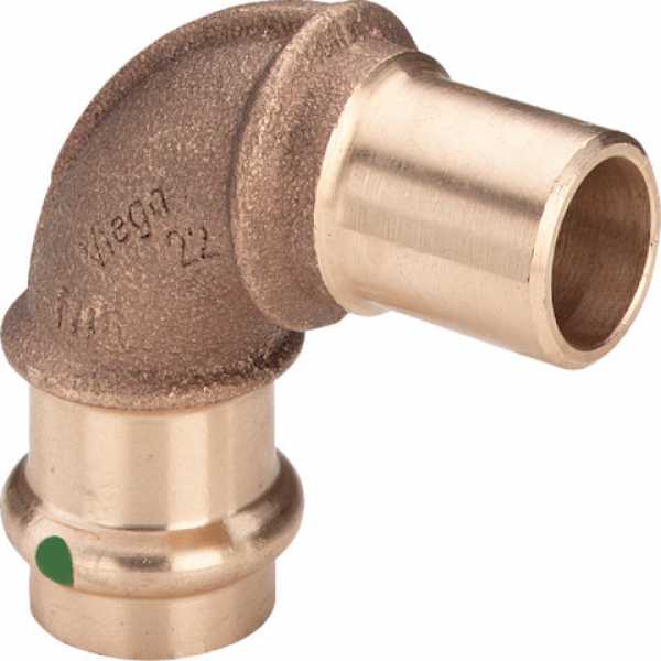 Der Viega SANPRESS Bogen 90° mit 1 Muffe aus Rotguss und Siliziumbronze bietet eine schnelle, zuverlässige Rohrverbindung ohne Löt- oder Schweißarbeiten. Ideal für Trinkwasser-, Heizungs- und Industrieanlagen.